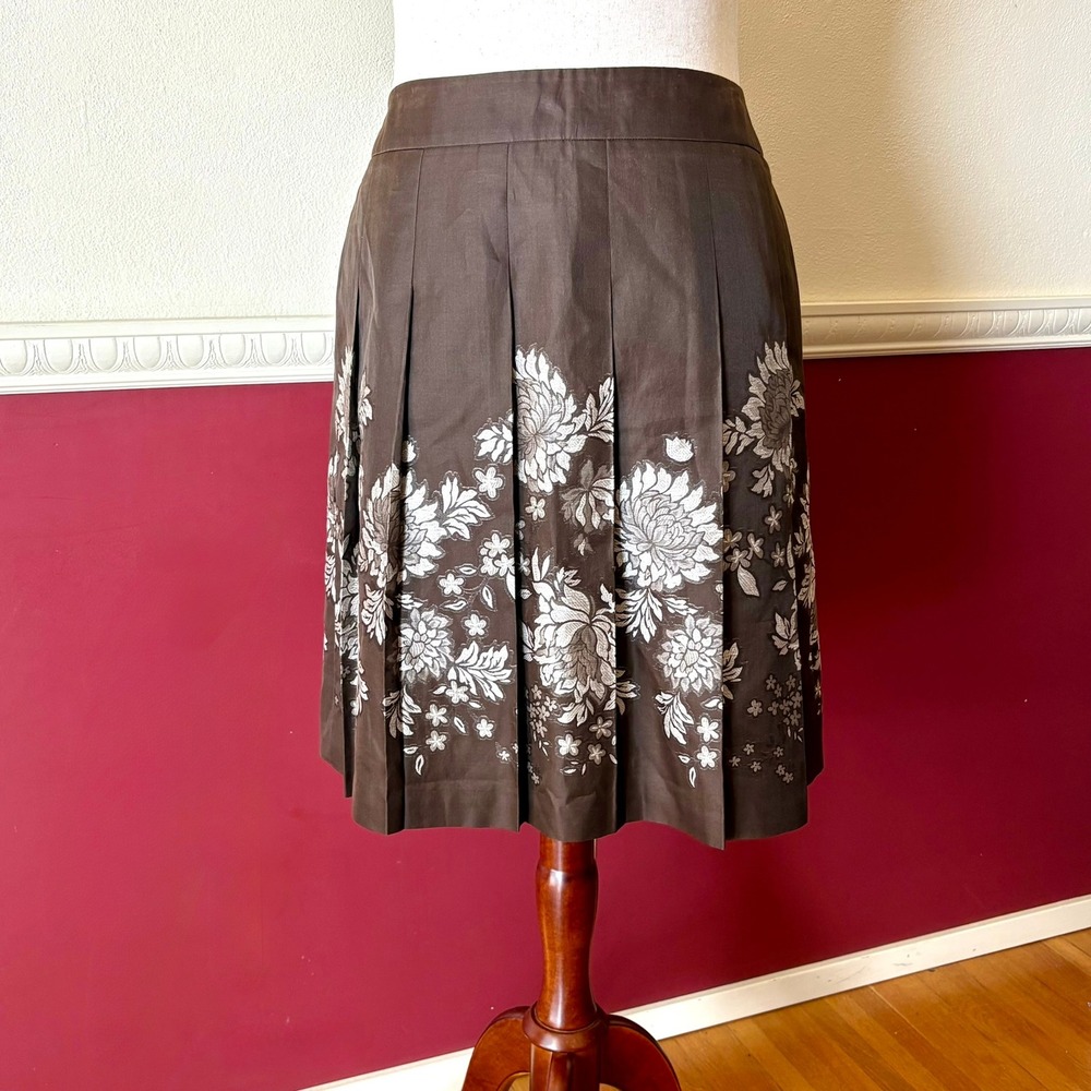 Ann Taylor Petites Brown Floral Jacquard Cotton Silk Pleated A-Line Skirt 14P - Picture 2 of 9